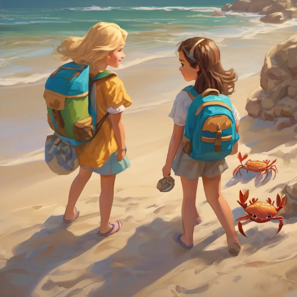 A curious young girl with brown hair and a bright, colorful backpack ready for adventure and A spirited girl with blonde hair and an equally vibrant backpack, always ready to explore on a sandy beach building sandcastles surrounded by dancing crabs and foamy waves.