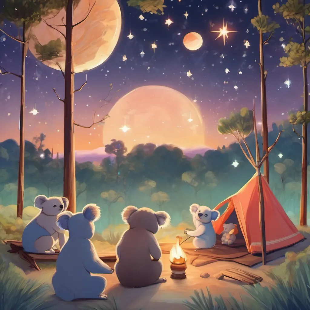 The girls camping under the starry sky with the Southern Cross constellation and koalas overhead.