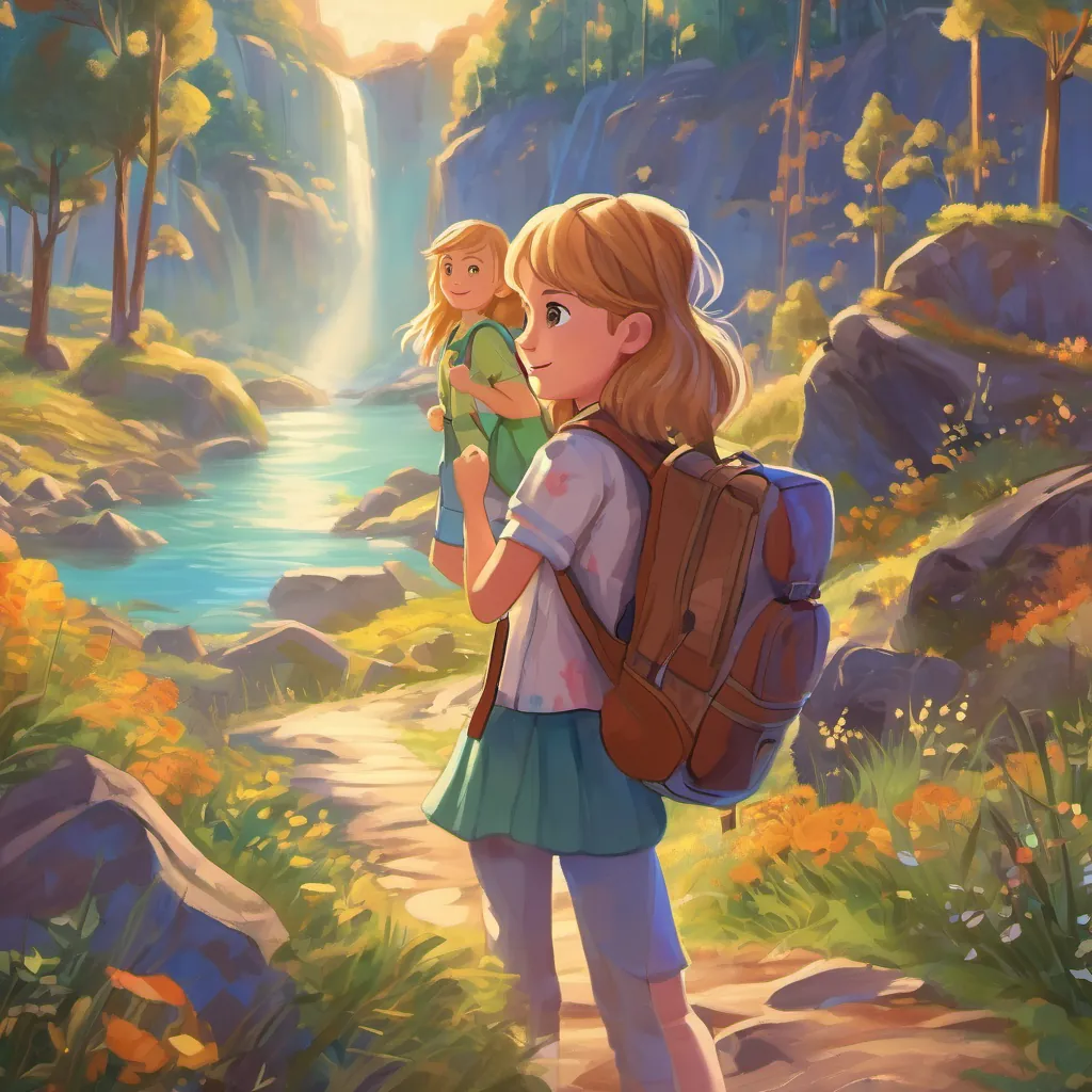 A curious young girl with brown hair and a bright, colorful backpack ready for adventure and A spirited girl with blonde hair and an equally vibrant backpack, always ready to explore waving goodbye to the Australian landscape, with smiles and stars in their eyes.