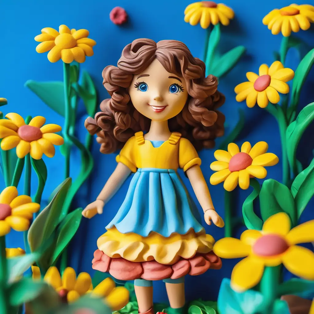 Young girl with curly brown hair, bright blue eyes, wearing a sunny yellow dress happily playing among colorful flowers with the sun shining.