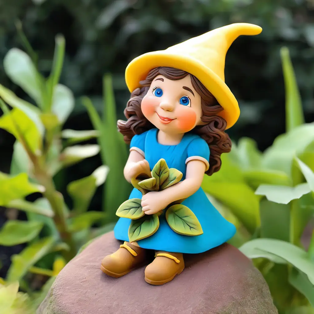 Young girl with curly brown hair, bright blue eyes, wearing a sunny yellow dress, Small, round garden gnome with a red pointy hat and a mischievous grin, and Small, round garden gnome with a green pointy hat and a curious expression exploring the garden, peering under leaves and listening to bees.