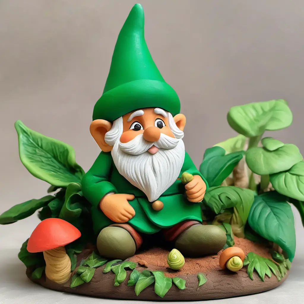 Small, round garden gnome with a green pointy hat and a curious expression pointing at some snails chomping on leaves, with a worried look on her face.