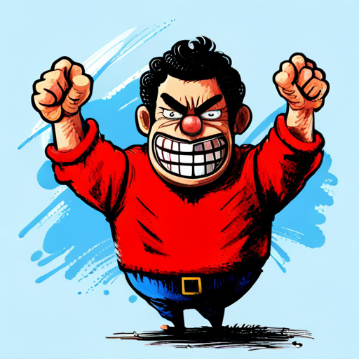 Funny Joe, big smile, colorful clothes making Angry Jack, red face, clenched fists laugh