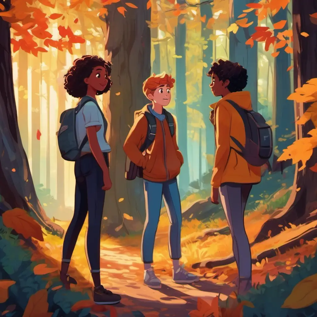 Teenagers in a small town discovering a portal in the woods. Location: small town, Characters: four Diverse group of friends, brave and smart, Skin: various, Eyes: full of excitement, Setting: mysterious woods