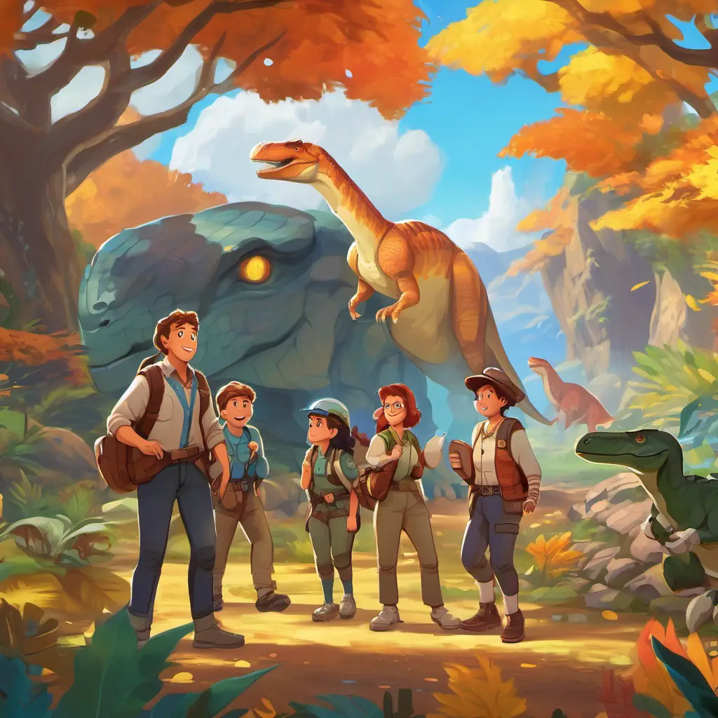 The Diverse group of friends, brave and smart, Skin: various, Eyes: full of excitement find themselves in a world with dinosaurs and advanced technology. Location: parallel world, Characters: dinosaurs, Setting: advanced world