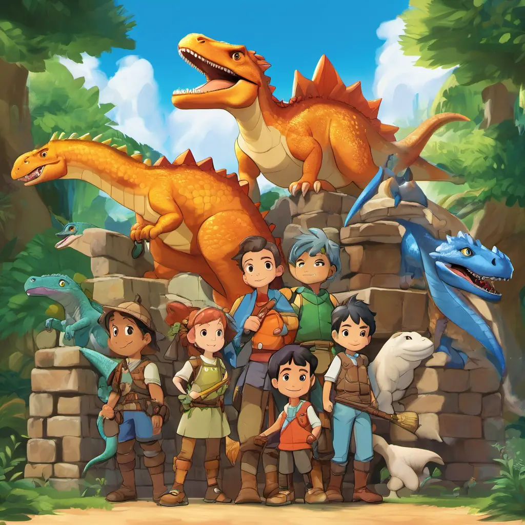 The Diverse group of friends, brave and smart, Skin: various, Eyes: full of excitement meet a Gentle and wise, Skin: scales of many colors, Eyes: kind and understanding and are chosen to be Dino Guardians. Characters: Gentle and wise, Skin: scales of many colors, Eyes: kind and understanding, Task: chosen to protect both worlds