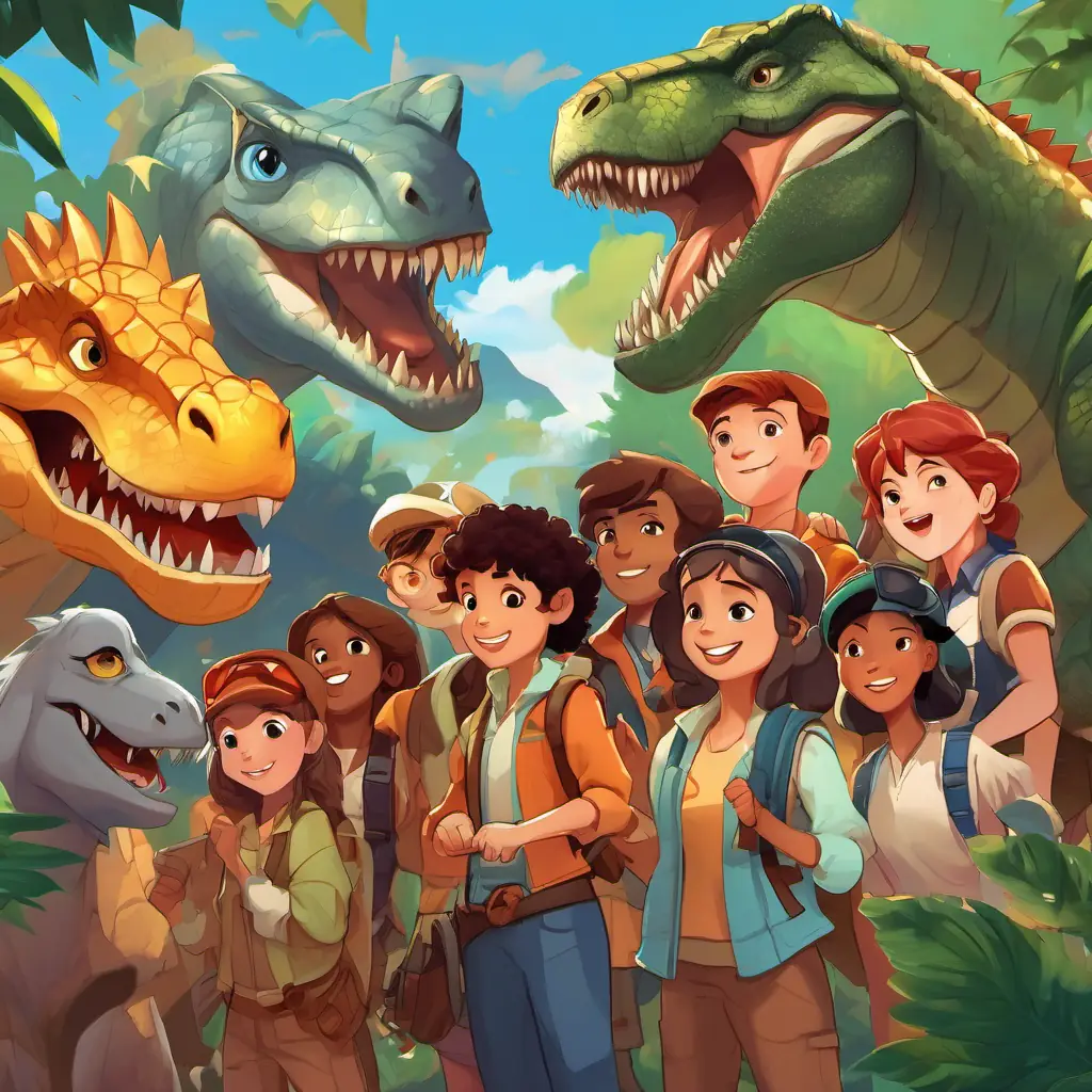 The Diverse group of friends, brave and smart, Skin: various, Eyes: full of excitement are hailed as heroes for saving both worlds. Characters: Diverse group of friends, brave and smart, Skin: various, Eyes: full of excitement, dinosaurs, Task: protect both worlds