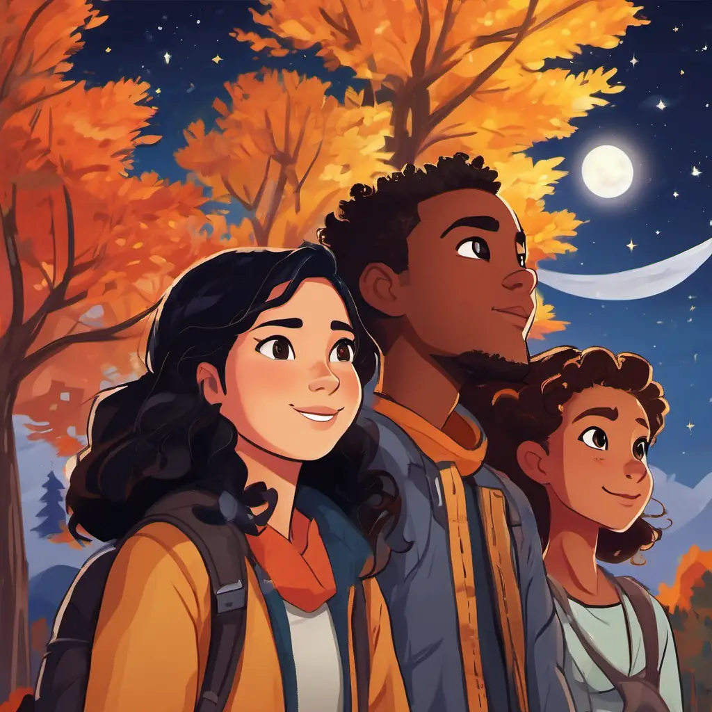 The Diverse group of friends, brave and smart, Skin: various, Eyes: full of excitement feel grateful for their adventure and the friends they made. Characters: Diverse group of friends, brave and smart, Skin: various, Eyes: full of excitement, Setting: under the stars