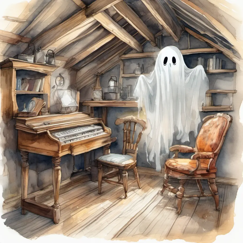 An attic with old furniture and cobwebs. Friendly ghost with a big smile and see-through body, a friendly ghost with a big smile.