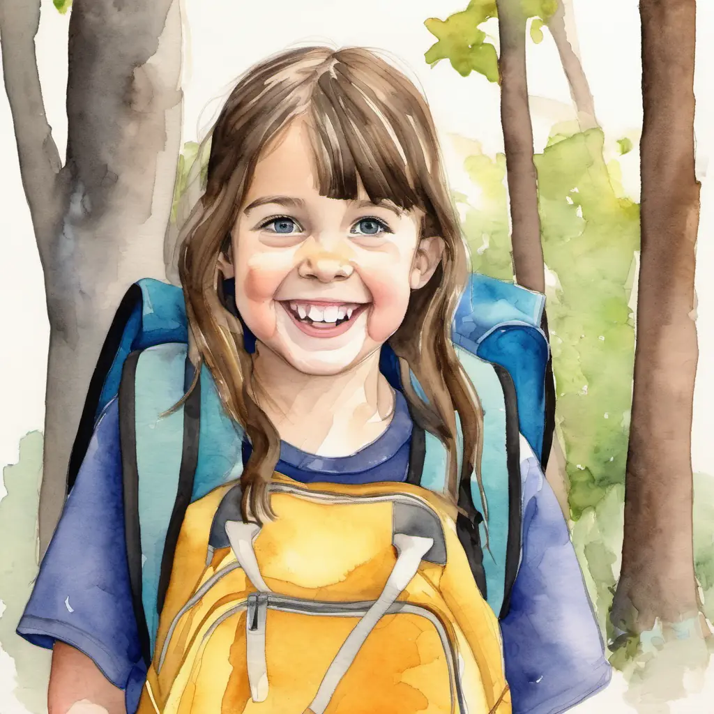 A child named Emily with brown hair and a backpack, looking excited.