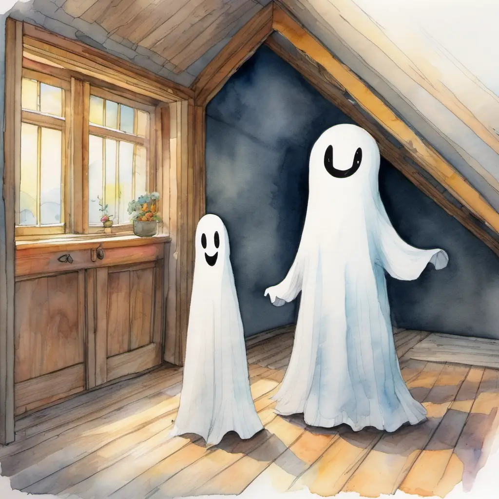 Emily and Friendly ghost with a big smile and see-through body standing in the attic, with smiles on their faces.