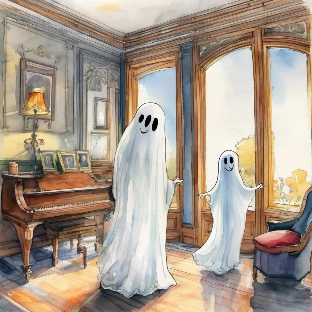 Emily and Friendly ghost with a big smile and see-through body playing together in different rooms of the mansion.