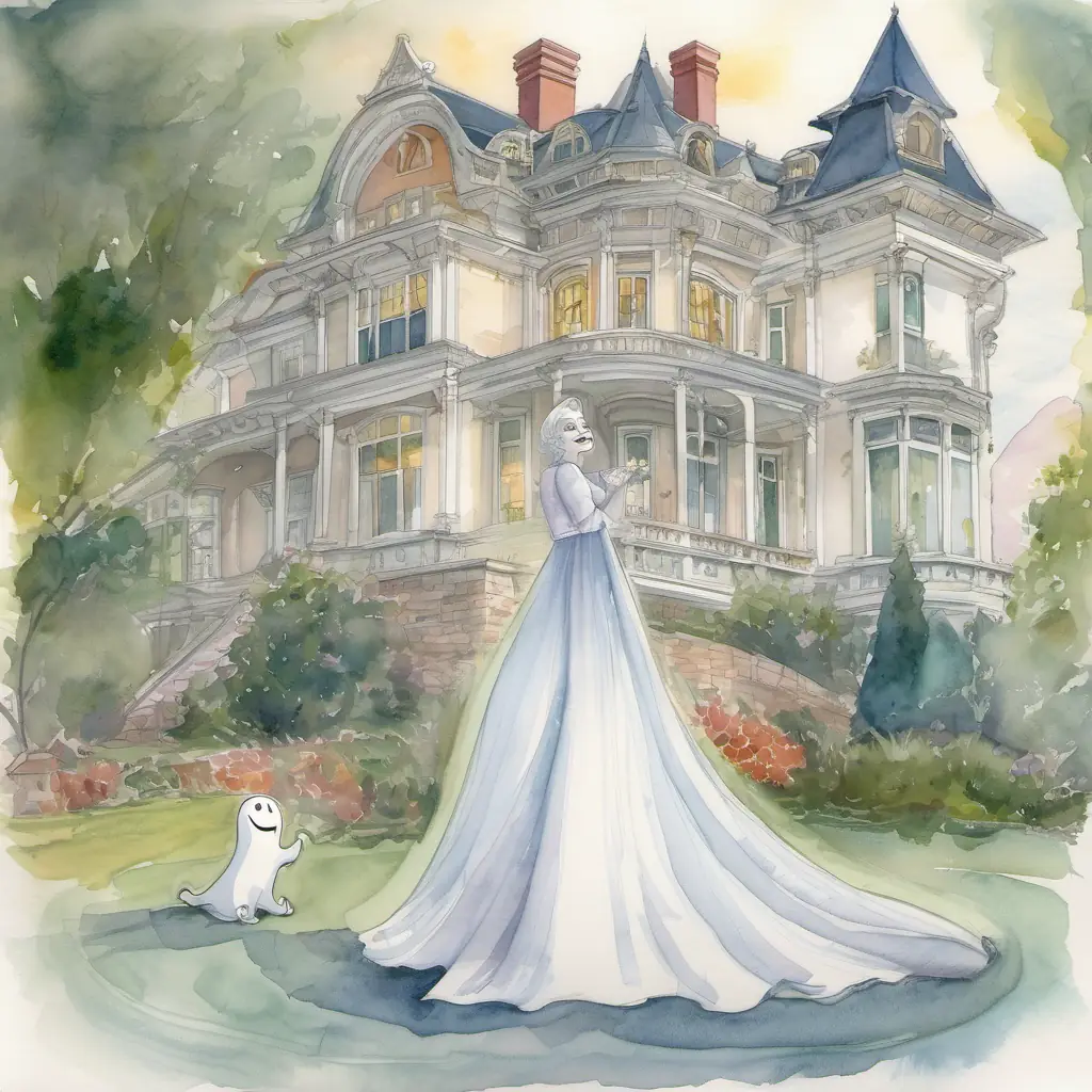 Emily and Friendly ghost with a big smile and see-through body hugging each other, surrounded by the happy spirits of the mansion.