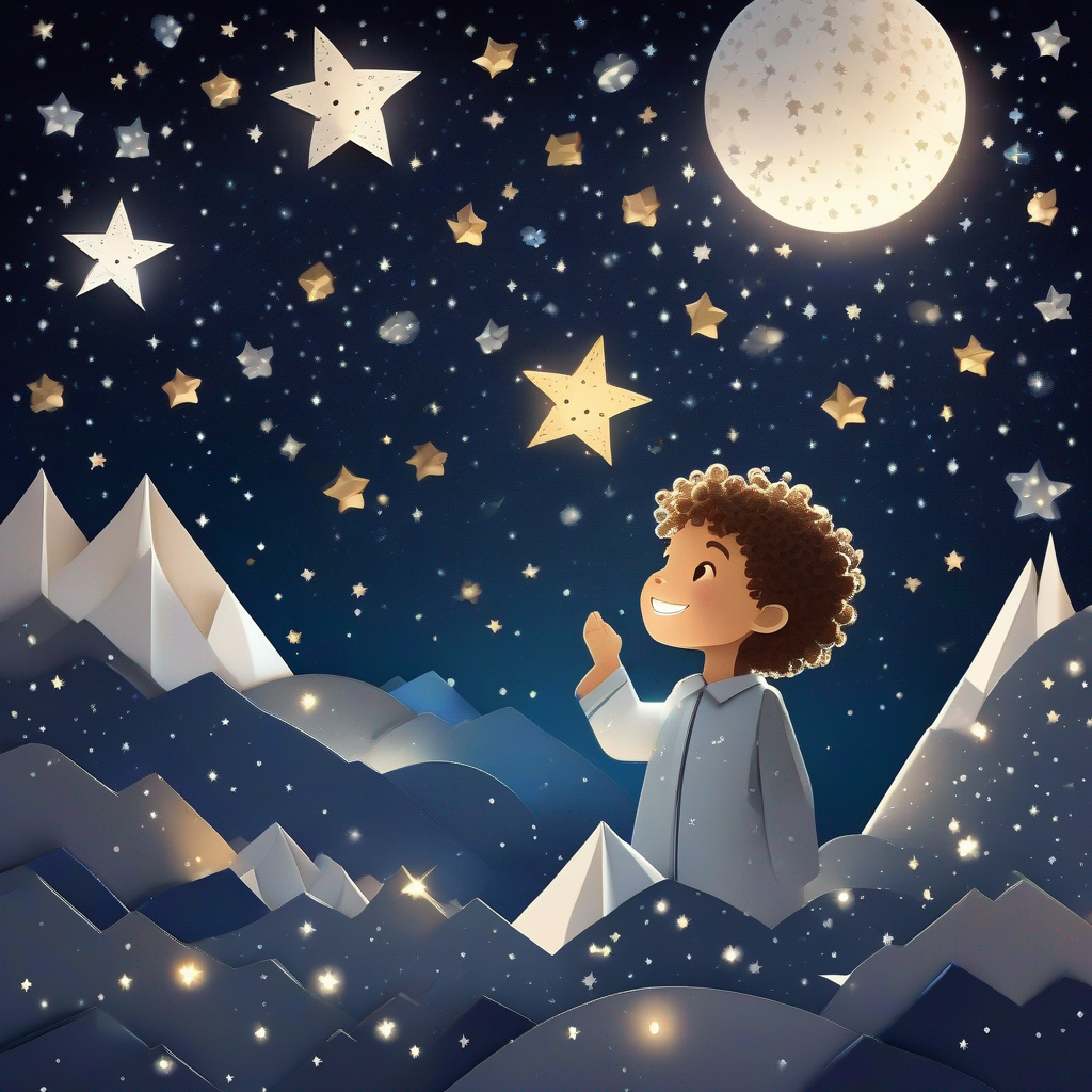 Little boy with curly hair and a big smile boy looking at stars and the Moon with a white glowing face and sparkly stars around in the night sky