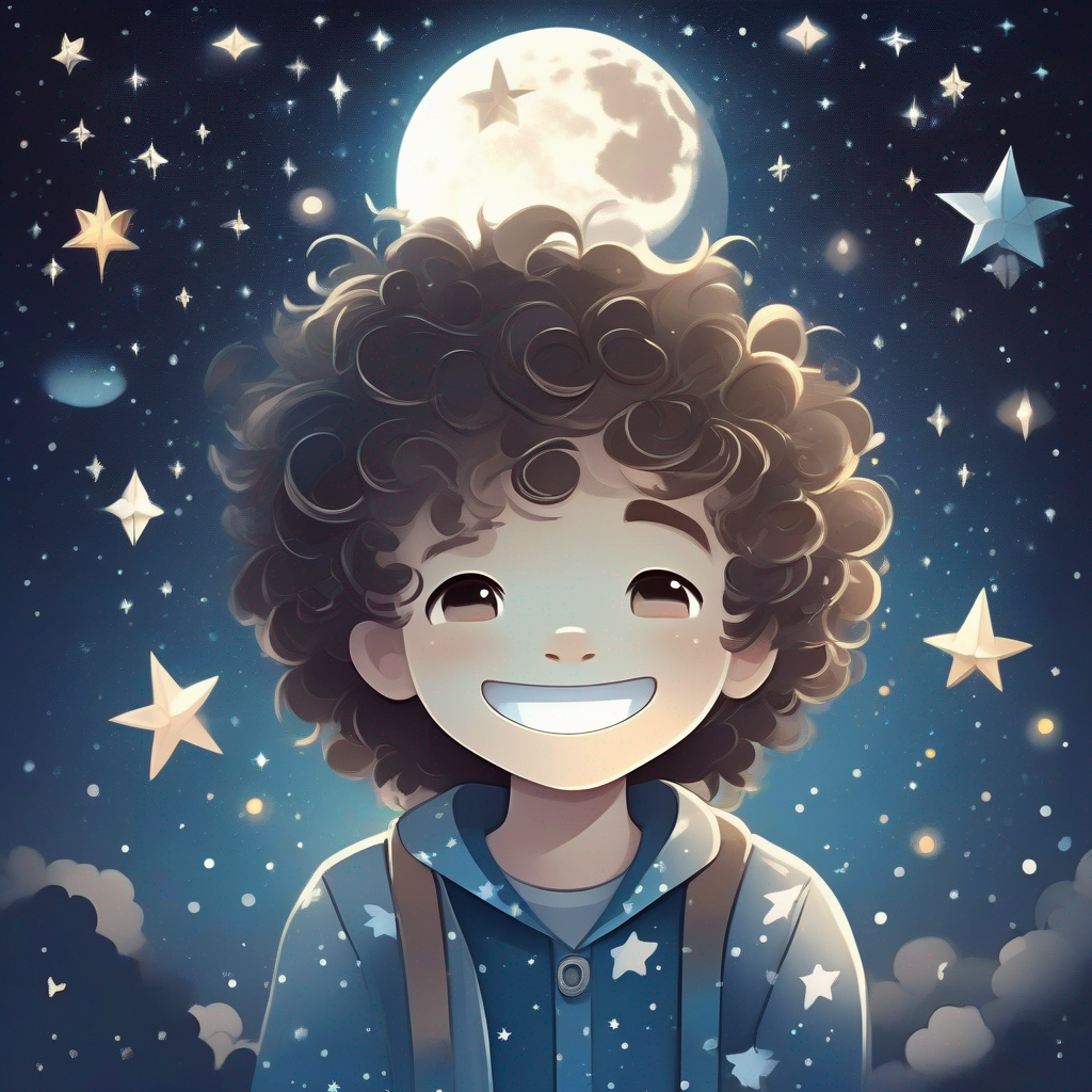 Little boy with curly hair and a big smile boy looking up at the sad Moon with a white glowing face and sparkly stars around