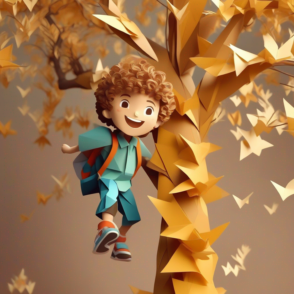 Little boy with curly hair and a big smile boy climbing a tall tree in the forest