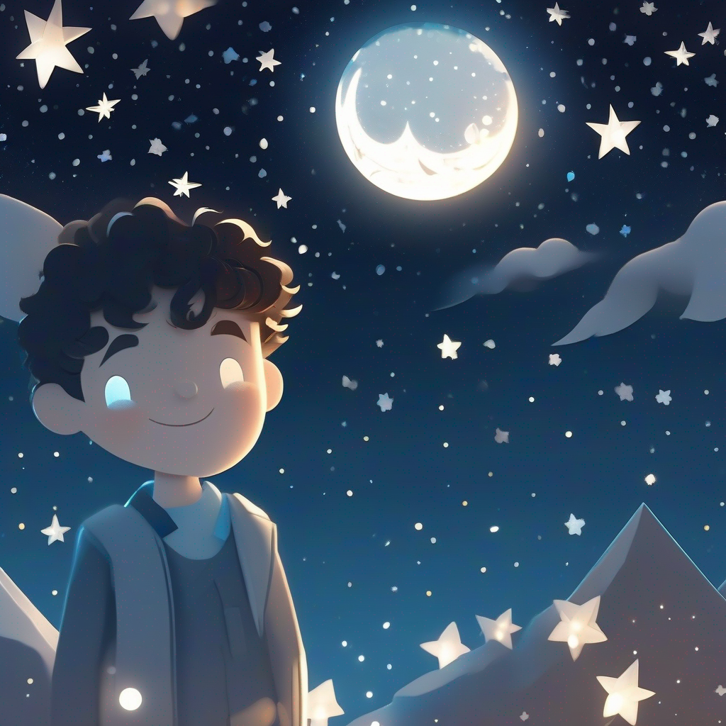 Little boy with curly hair and a big smile boy seeing Moon with a white glowing face and sparkly stars around up close with tears in its eyes