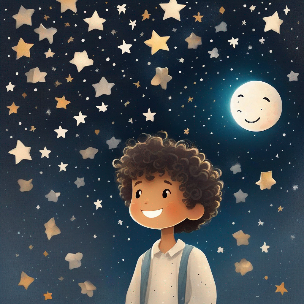 Little boy with curly hair and a big smile boy talking to the sad Moon with a white glowing face and sparkly stars around