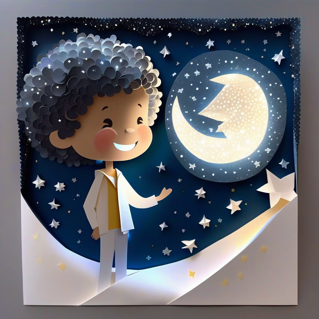 Little boy with curly hair and a big smile boy making a promise to the Moon with a white glowing face and sparkly stars around