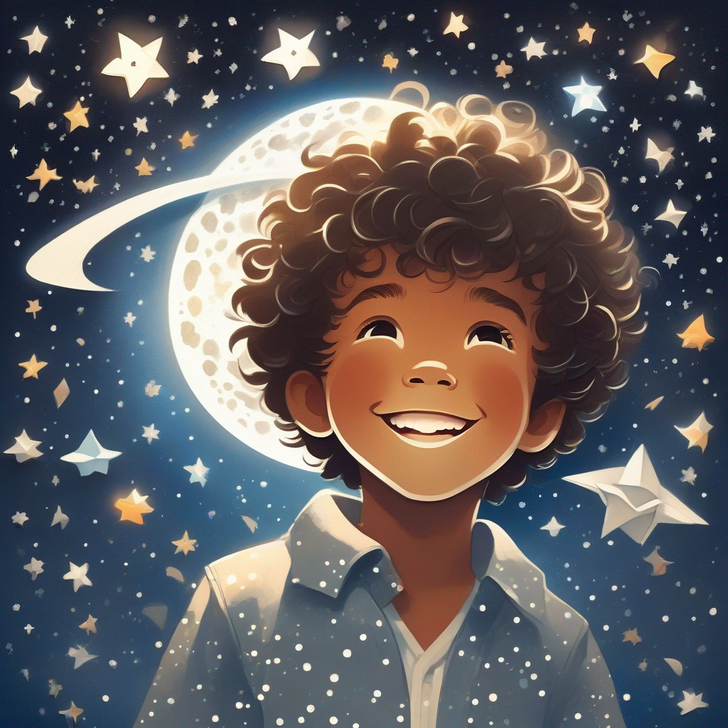 Little boy with curly hair and a big smile boy looking up at the shining Moon with a white glowing face and sparkly stars around with happiness