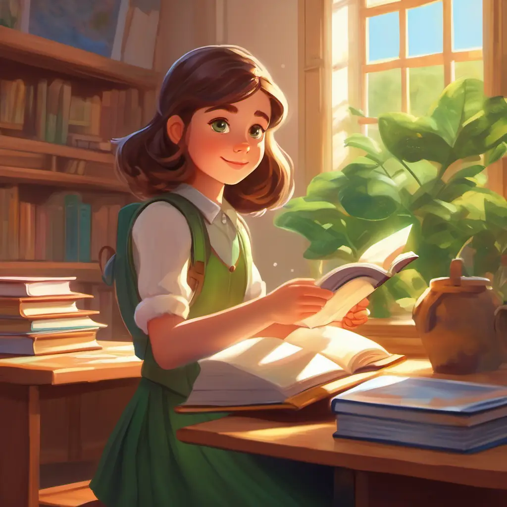 Curious girl, brown hair, green eyes, always with a book in hand in a sunny classroom, feeling nostalgic on the last day.