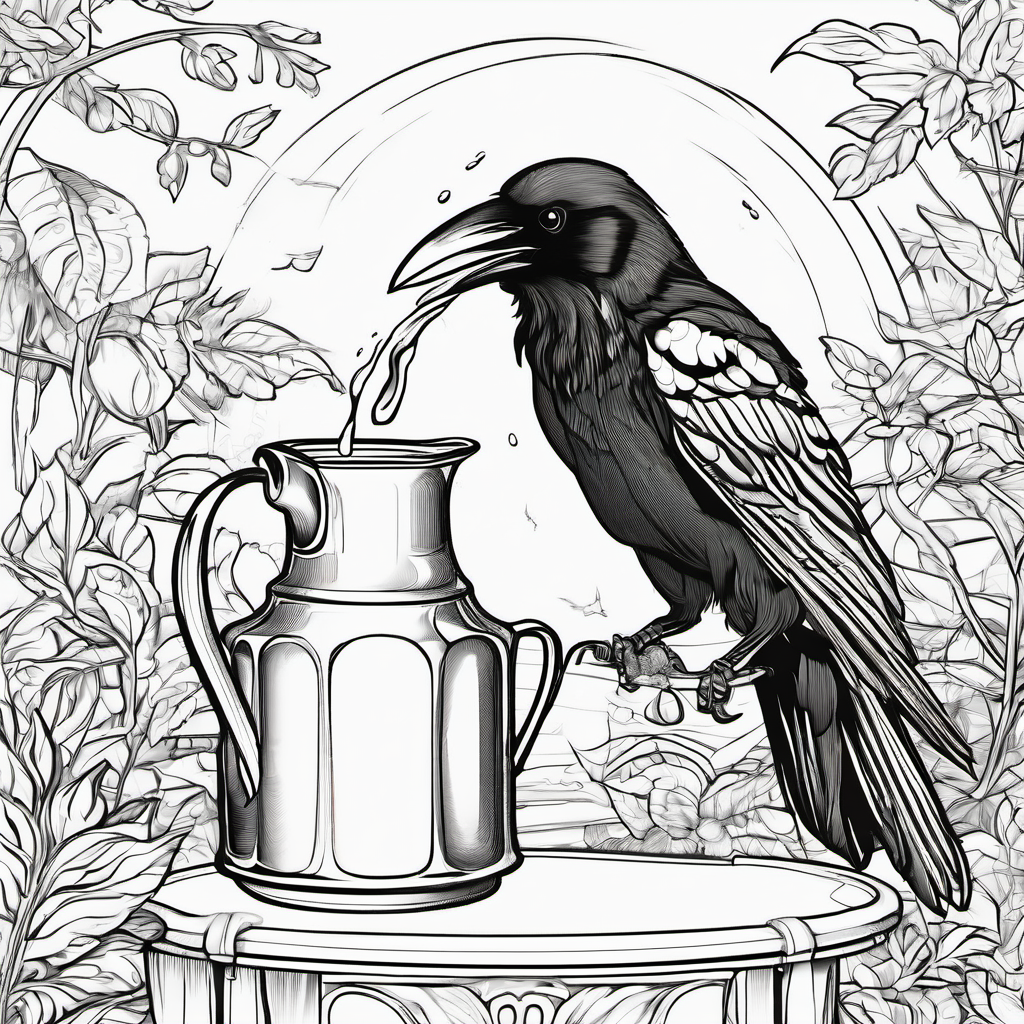 The crow drinking water from the pitcher