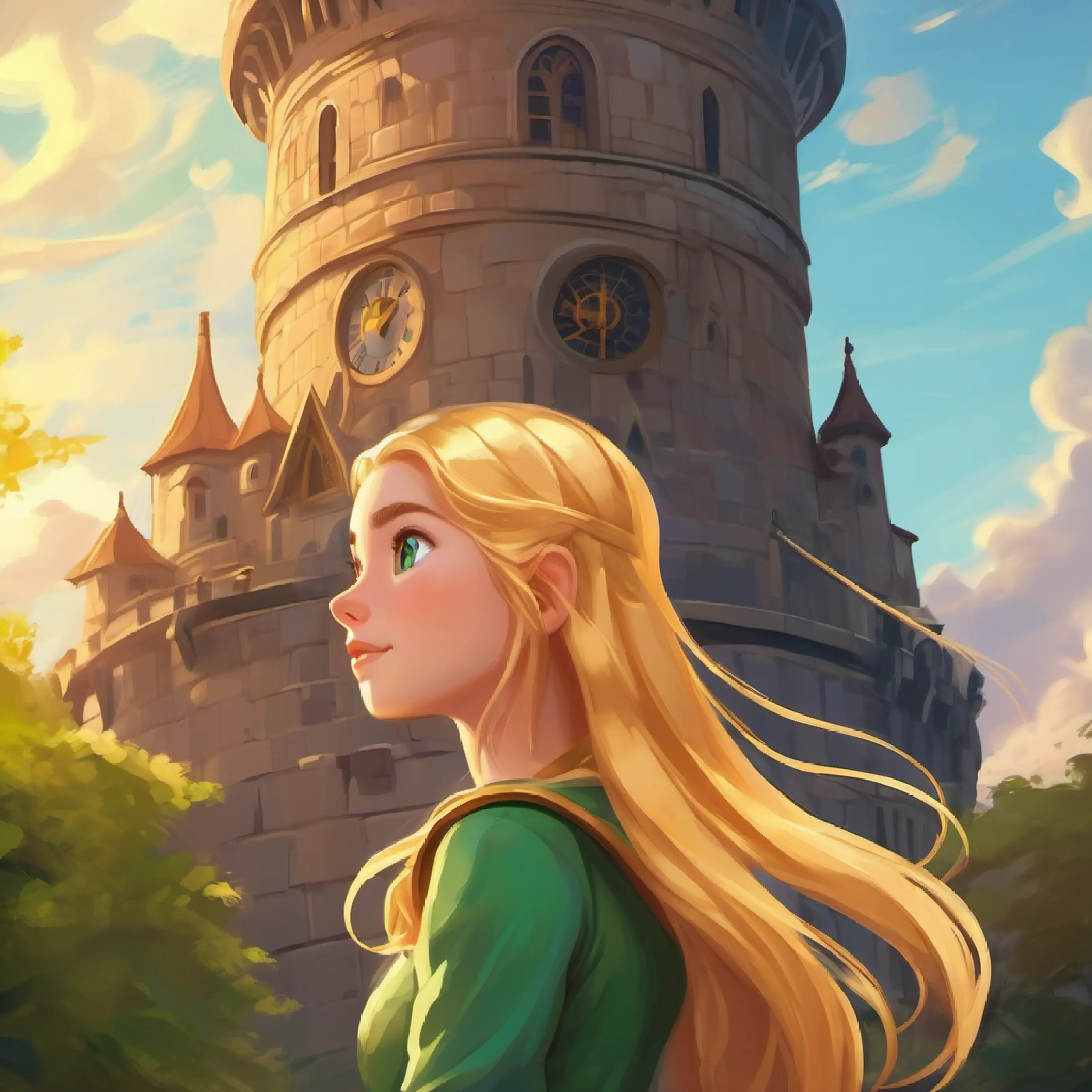 Introducing Girl with long golden hair, fair skin, green eyes and the tower, setting the scene for the adventure.