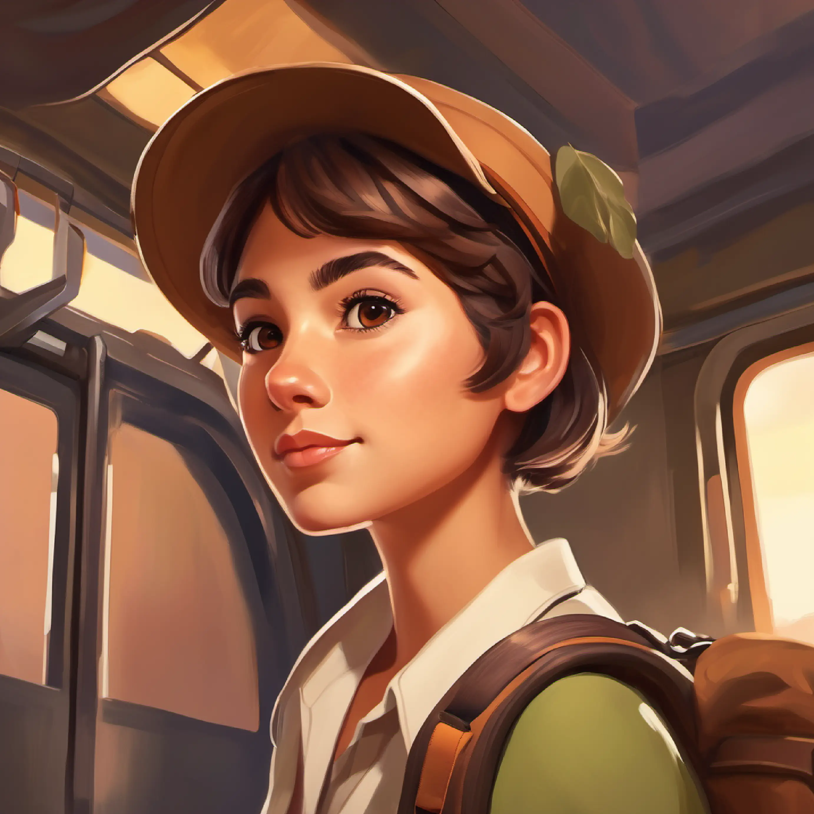 Clever girl, kind eyes, short brown hair, olive skin's journey begins with details of her travel and what she carries.