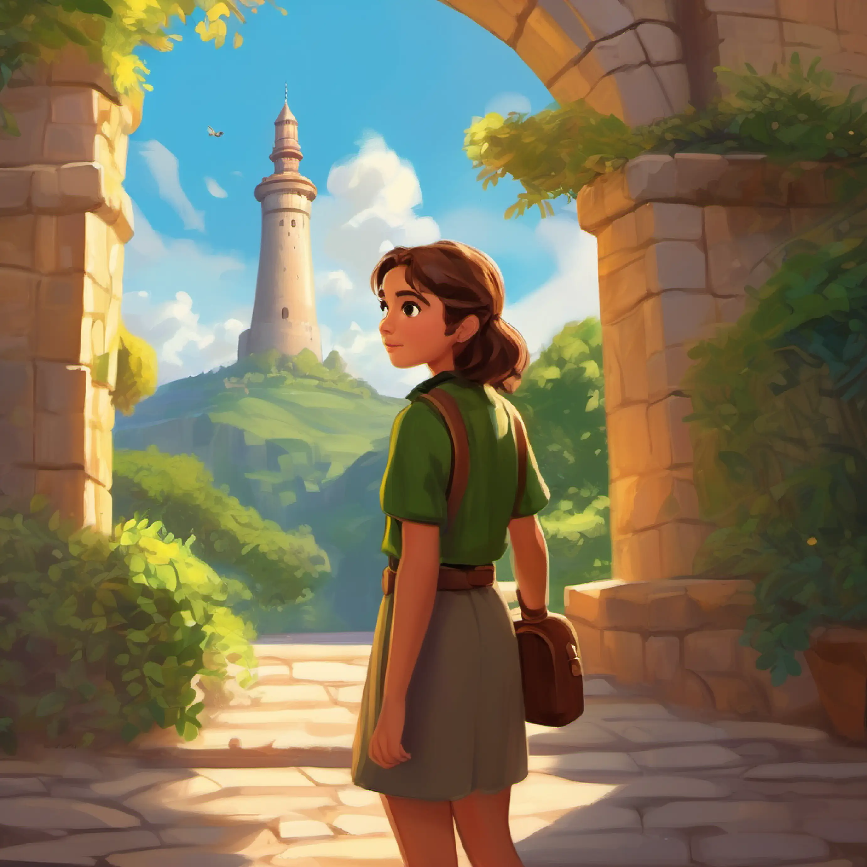 Clever girl, kind eyes, short brown hair, olive skin reaches the tower and communicates with Girl with long golden hair, fair skin, green eyes for the first time.
