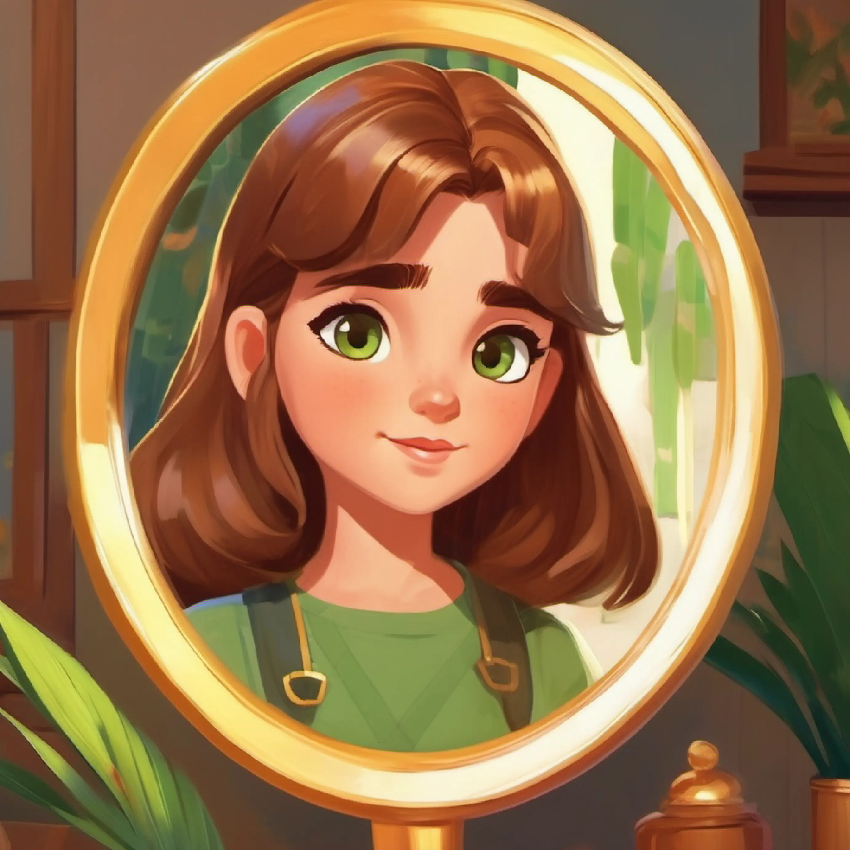 Clever girl, kind eyes, short brown hair, olive skin uses her mirror to communicate in a playful way with Girl with long golden hair, fair skin, green eyes.