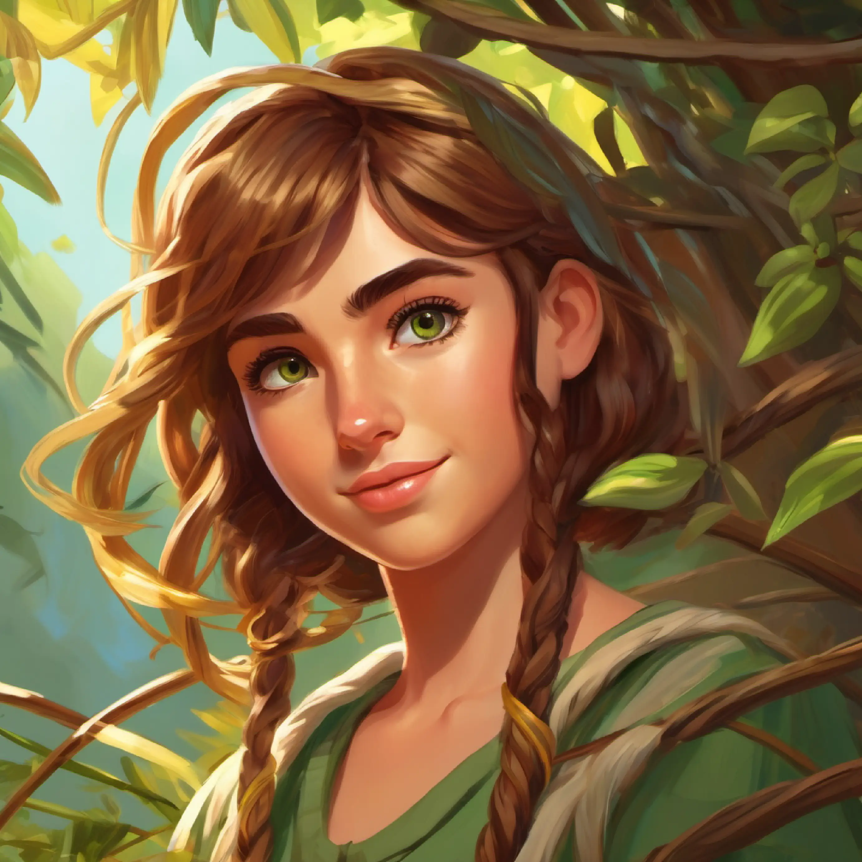 Clever girl, kind eyes, short brown hair, olive skin creates a rope from vines to help Girl with long golden hair, fair skin, green eyes come down.