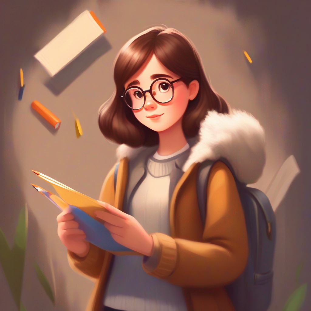 A girl with brown hair, wearing glasses, and holding a pencil holding a pencil and paper, thinking about making sentences