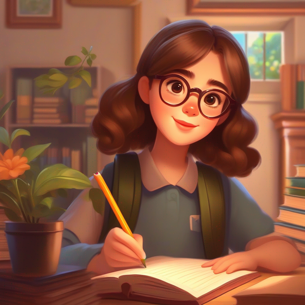 A girl with brown hair, wearing glasses, and holding a pencil writing 'Lily loves English' on a piece of paper