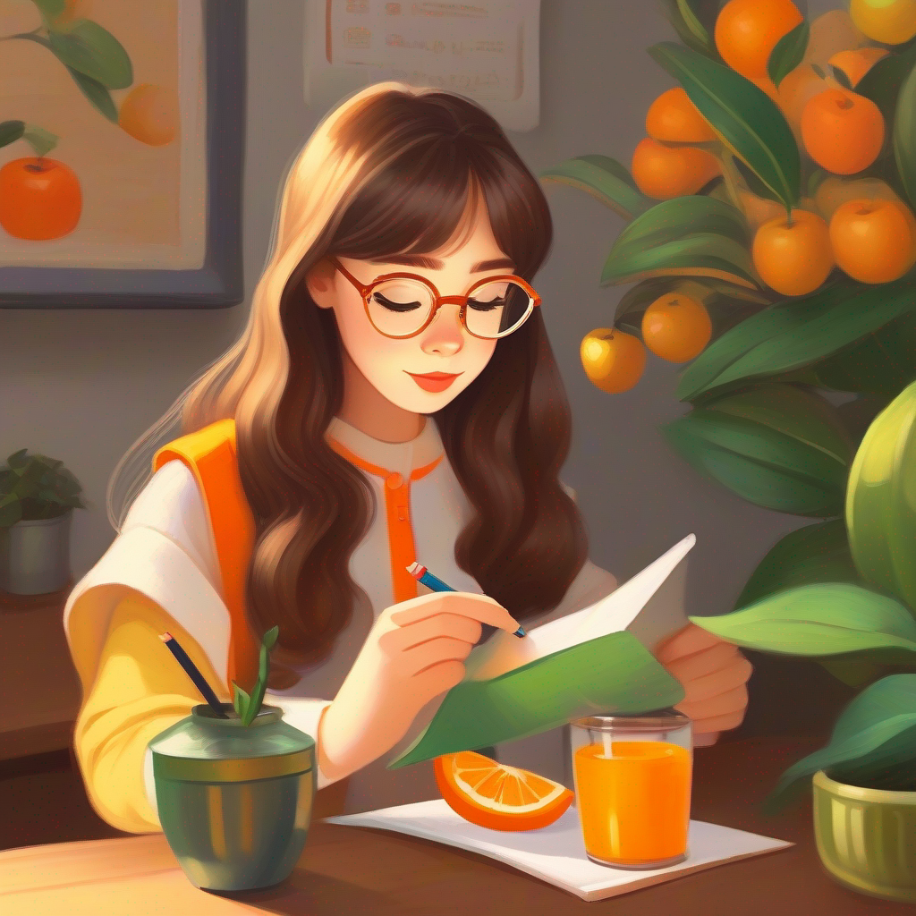 A girl with brown hair, wearing glasses, and holding a pencil writing 'Lily eats apples and drinks orange juice' on a piece of paper