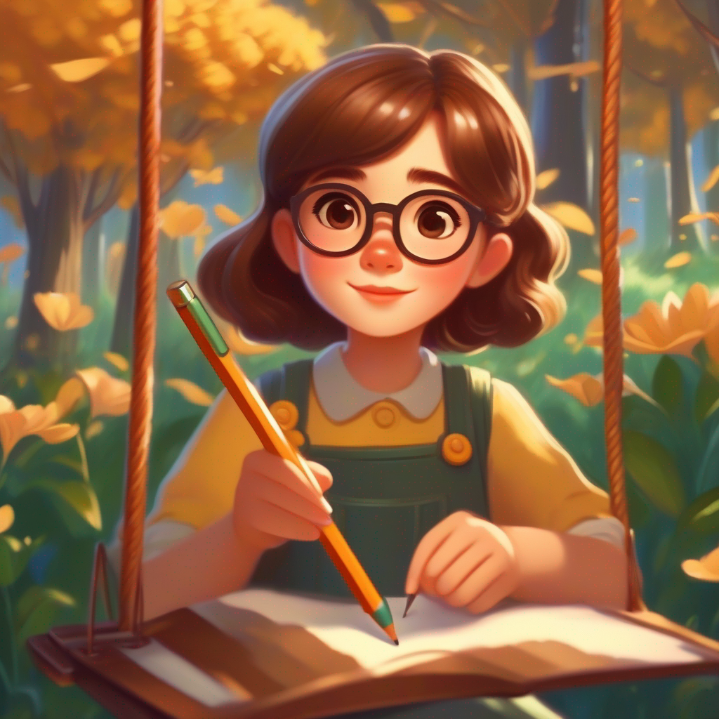 A girl with brown hair, wearing glasses, and holding a pencil writing 'Lily is on the swing in the park' on a piece of paper