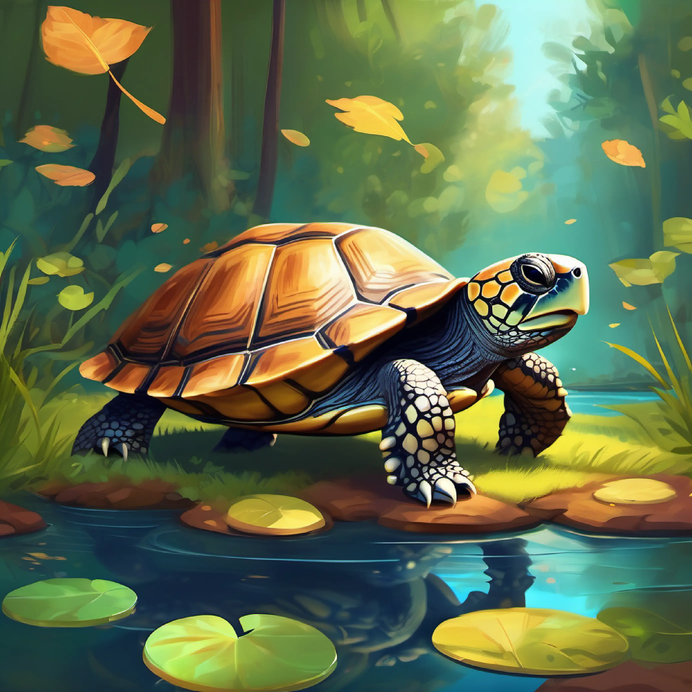 Young turtle with shiny brown shell and curious eyes leaves the pond and enters the woods.