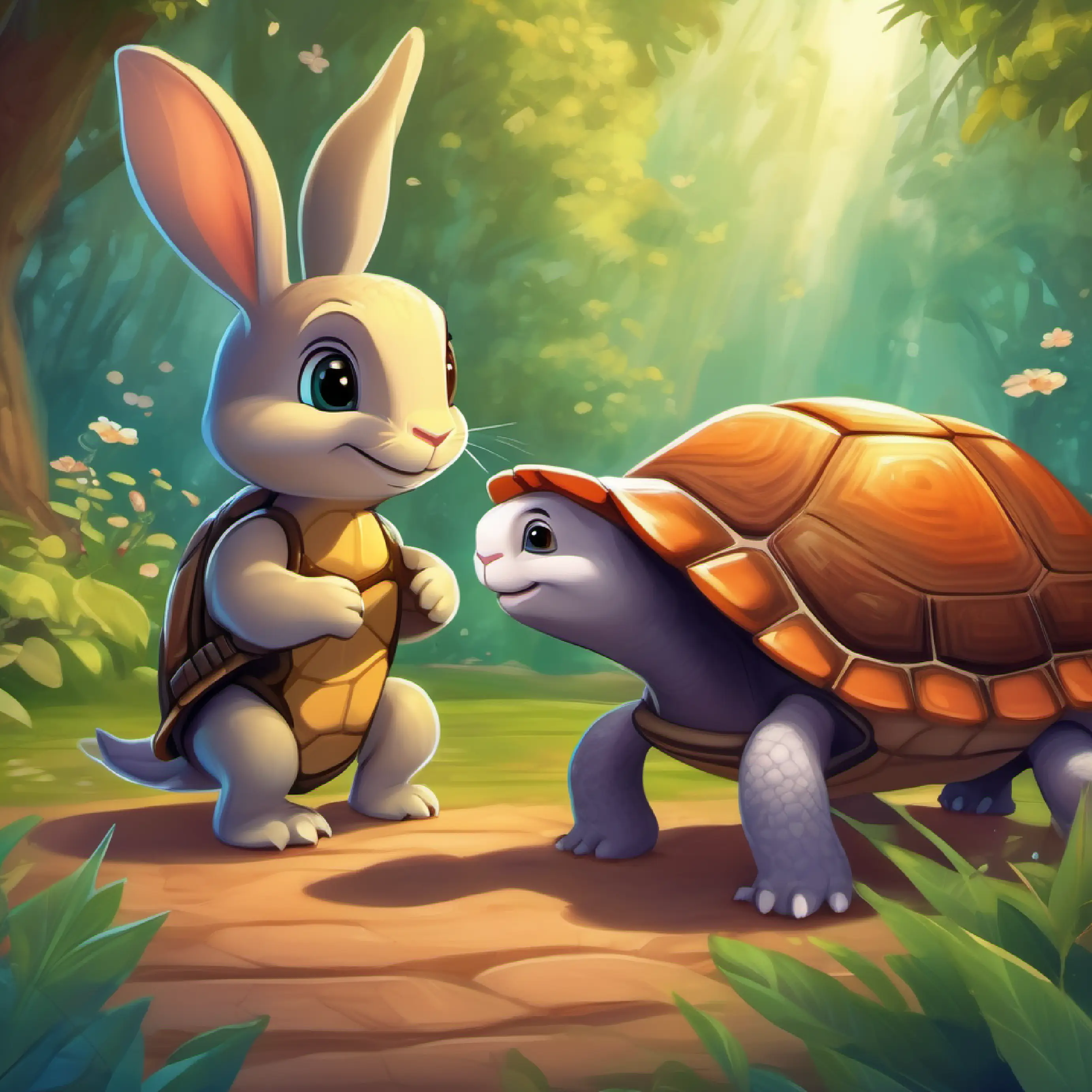 Young turtle with shiny brown shell and curious eyes makes a friend, Friendly rabbit with soft brown fur and long ears, and learns about a secret garden.