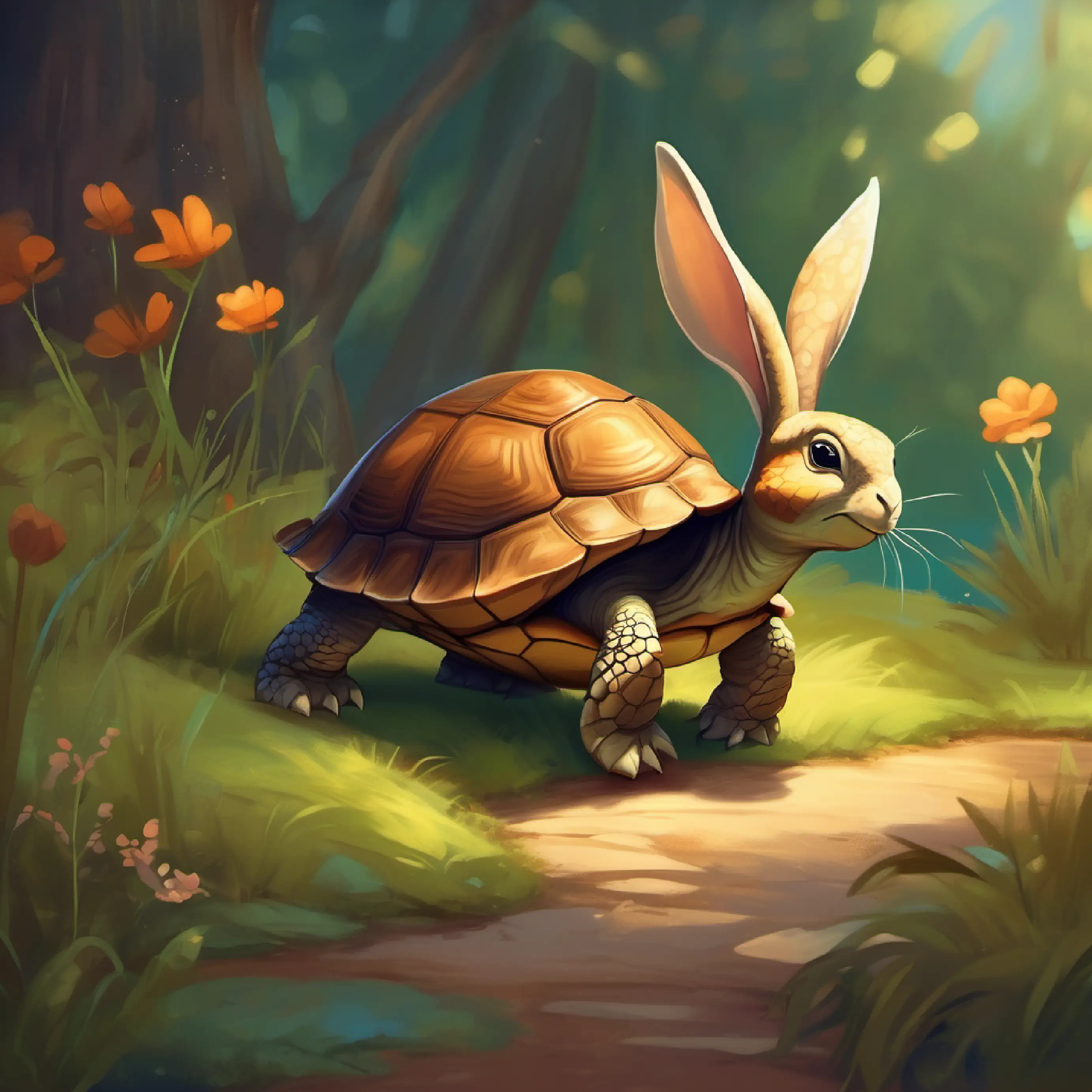 Young turtle with shiny brown shell and curious eyes and Friendly rabbit with soft brown fur and long ears's journey to the secret garden.