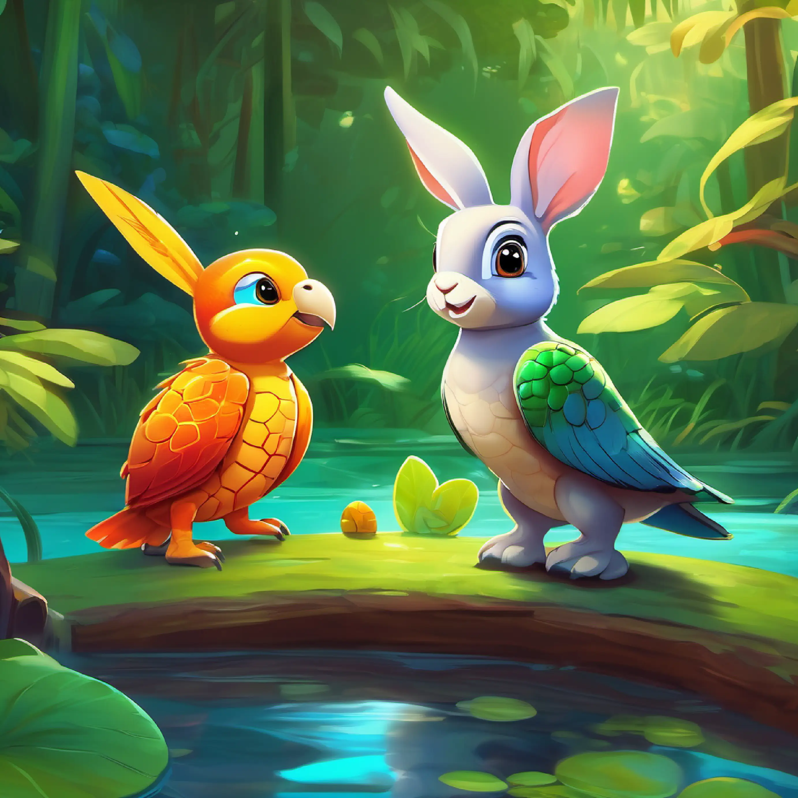 Young turtle with shiny brown shell and curious eyes and Friendly rabbit with soft brown fur and long ears meet Chatty parrot with bright green feathers and a love for jokes the parrot and discover another pond.