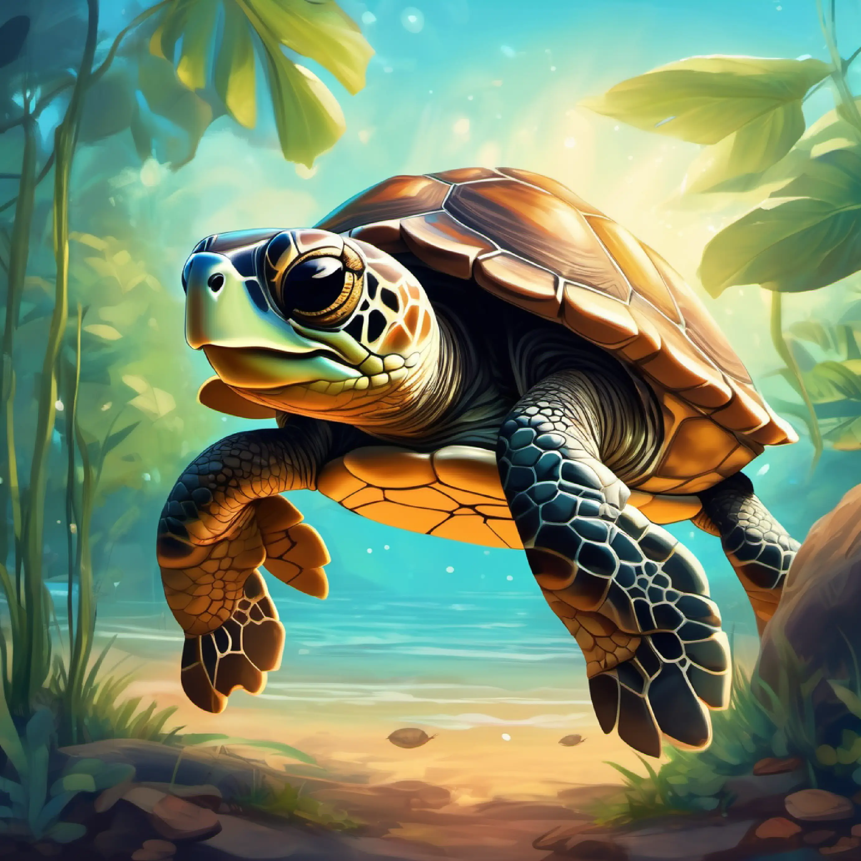 Young turtle with shiny brown shell and curious eyes's wish and the promise of future visits.