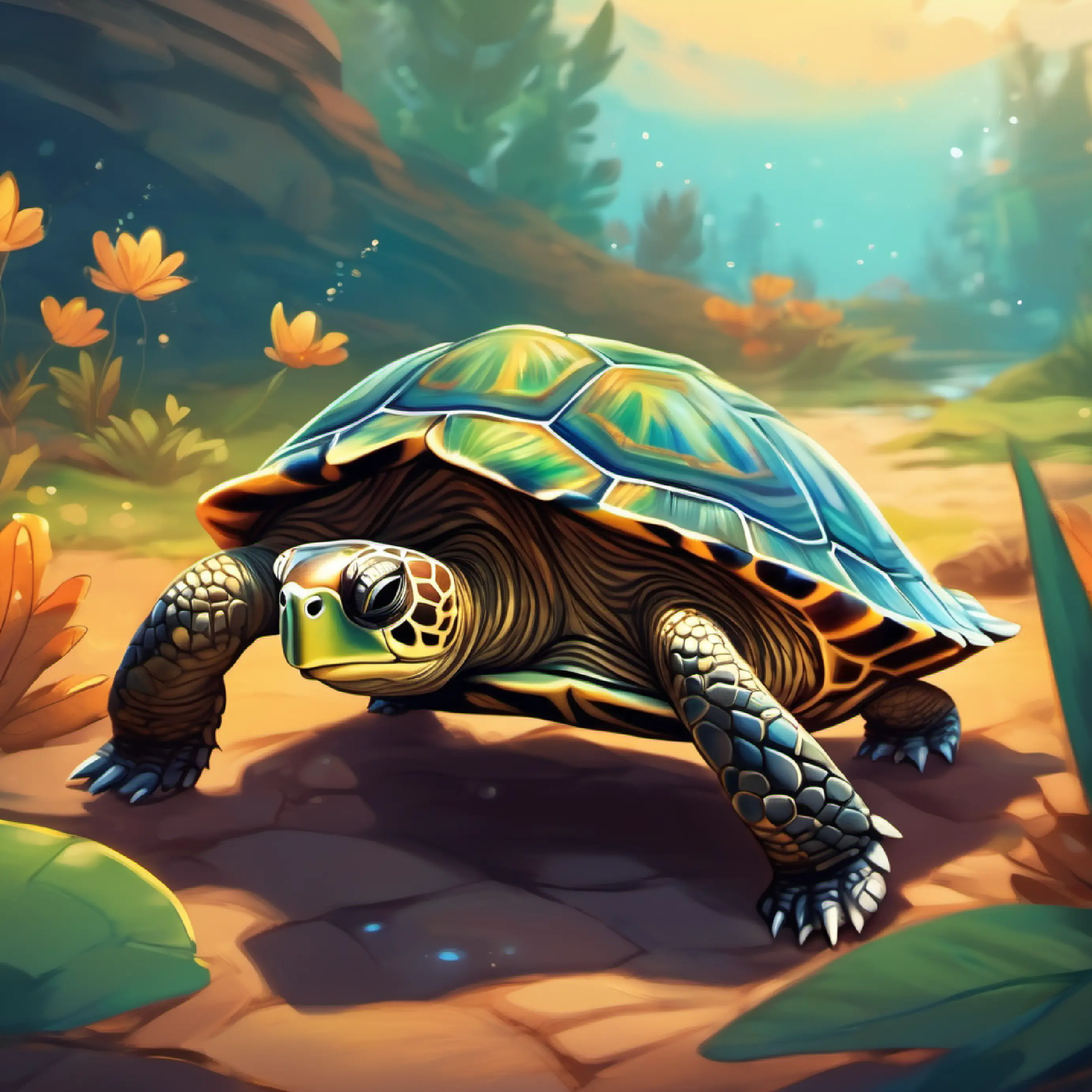 Young turtle with shiny brown shell and curious eyes returns home, shares his story, and dreams of more adventures.