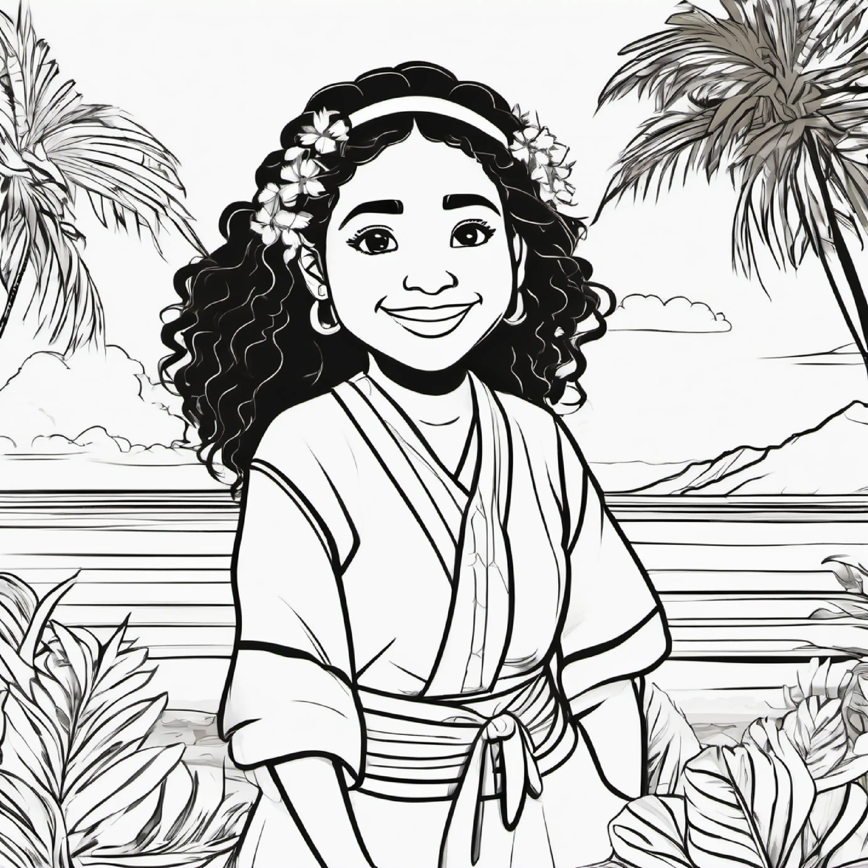 Introduction to Happy Samoan girl, brown skin, dark brown eyes, cheerful, setting in Samoa, beachside atmosphere.