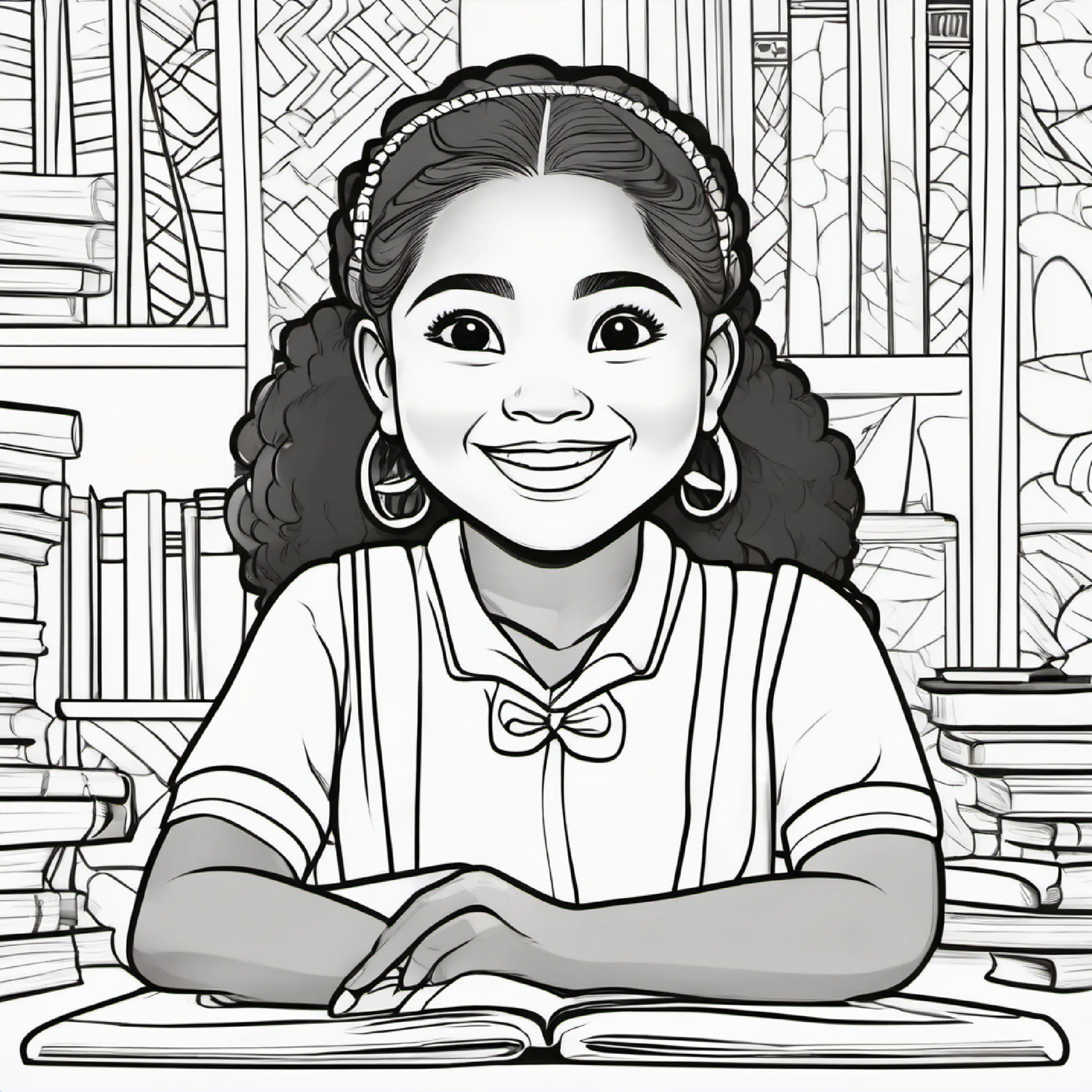 Happy Samoan girl, brown skin, dark brown eyes, cheerful in class, learning announcement.