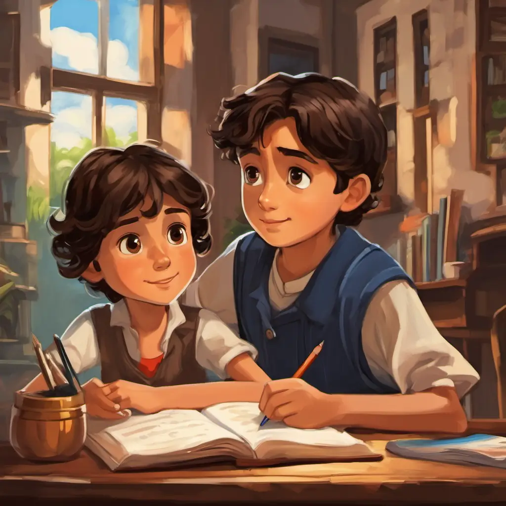 Pedro is a 10-year-old boy with brown hair and brown eyes talking to Maria is Pedro is a 10-year-old boy with brown hair and brown eyes's friend, she has long black hair and blue eyes, offering to help with homework