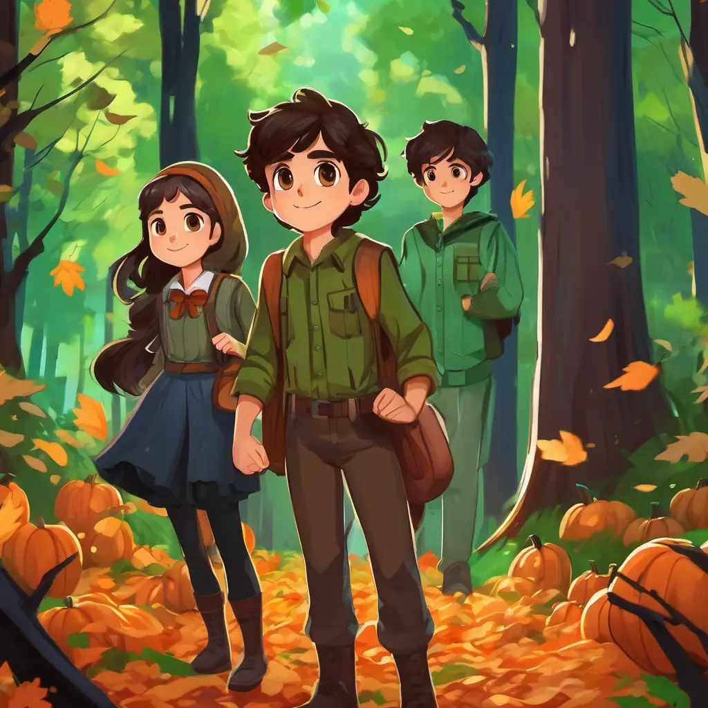 Sara - Dark brown hair, curious brown eyes, adventurous spirit, and kind-hearted and Tomas - Dark brown hair, curious brown eyes, clever problem solver, and friendly standing in front of a tall forest with bright green trees, wearing matching outfits and holding hands.