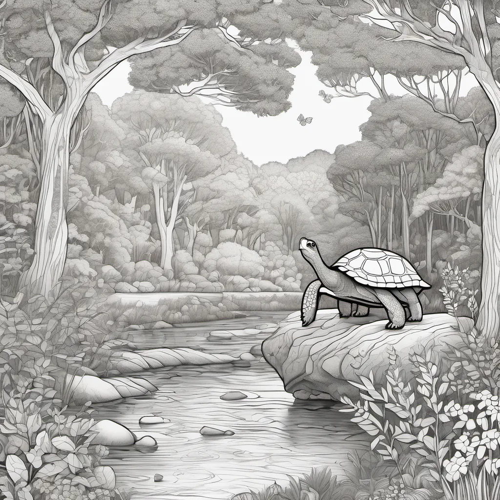 a serene and magical forest with tall, whimsical trees and a gentle stream flowing, a wise, old turtle addressing a gathering of animals