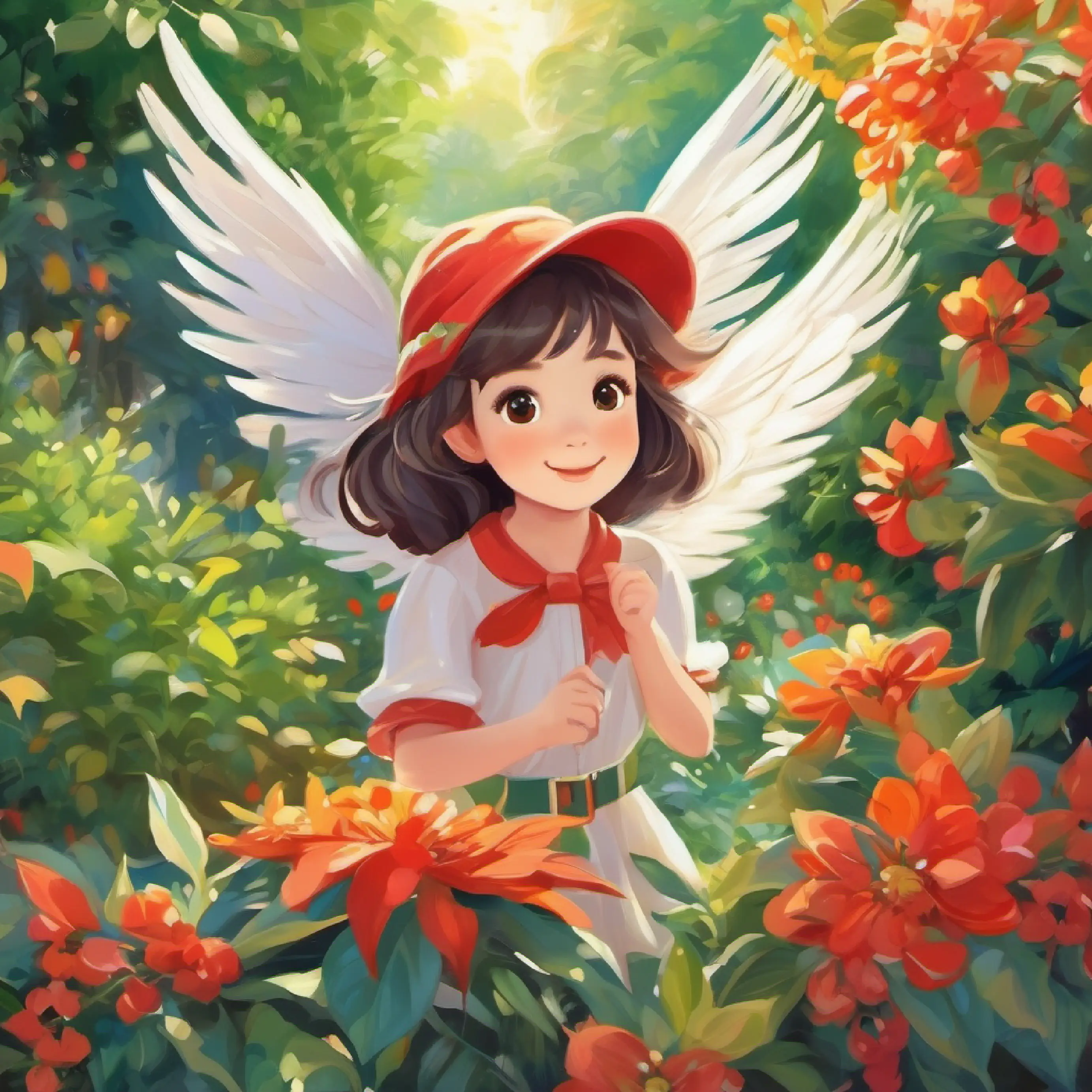 Small, with pale wings, kind eyes, energetic, youthful appearance interacting with the garden, flitting about, wings detailed