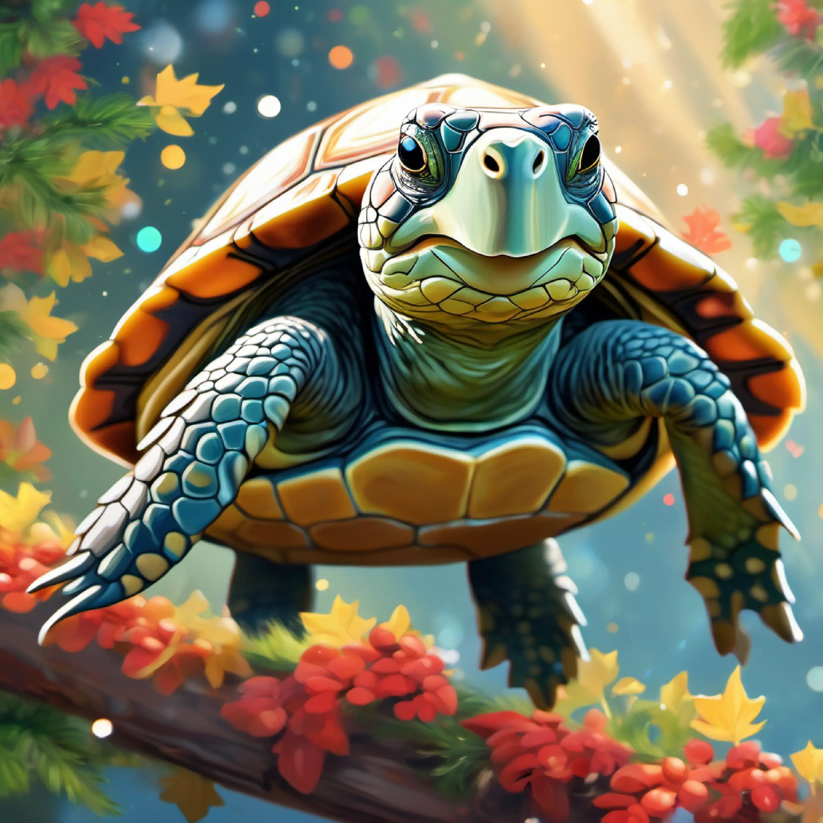 Old turtle, wise eyes, slow but steady, welcoming expression's praise, recognition of Small, with pale wings, kind eyes, energetic, youthful appearance's action, pride