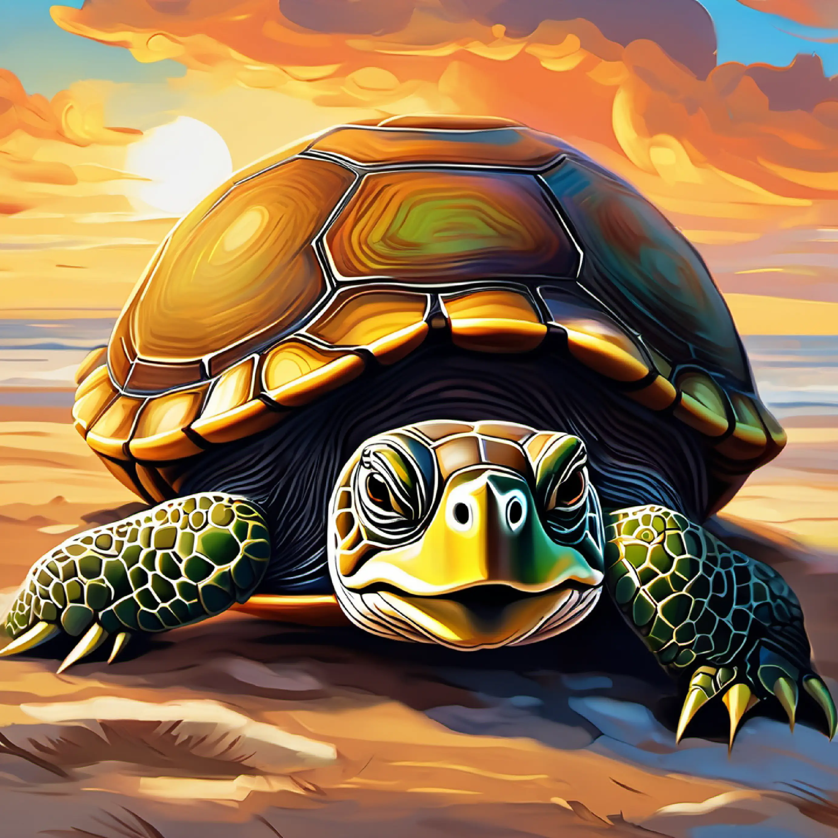 Trouble arises, Old turtle, wise eyes, slow but steady, welcoming expression the turtle brings a message, tension starts