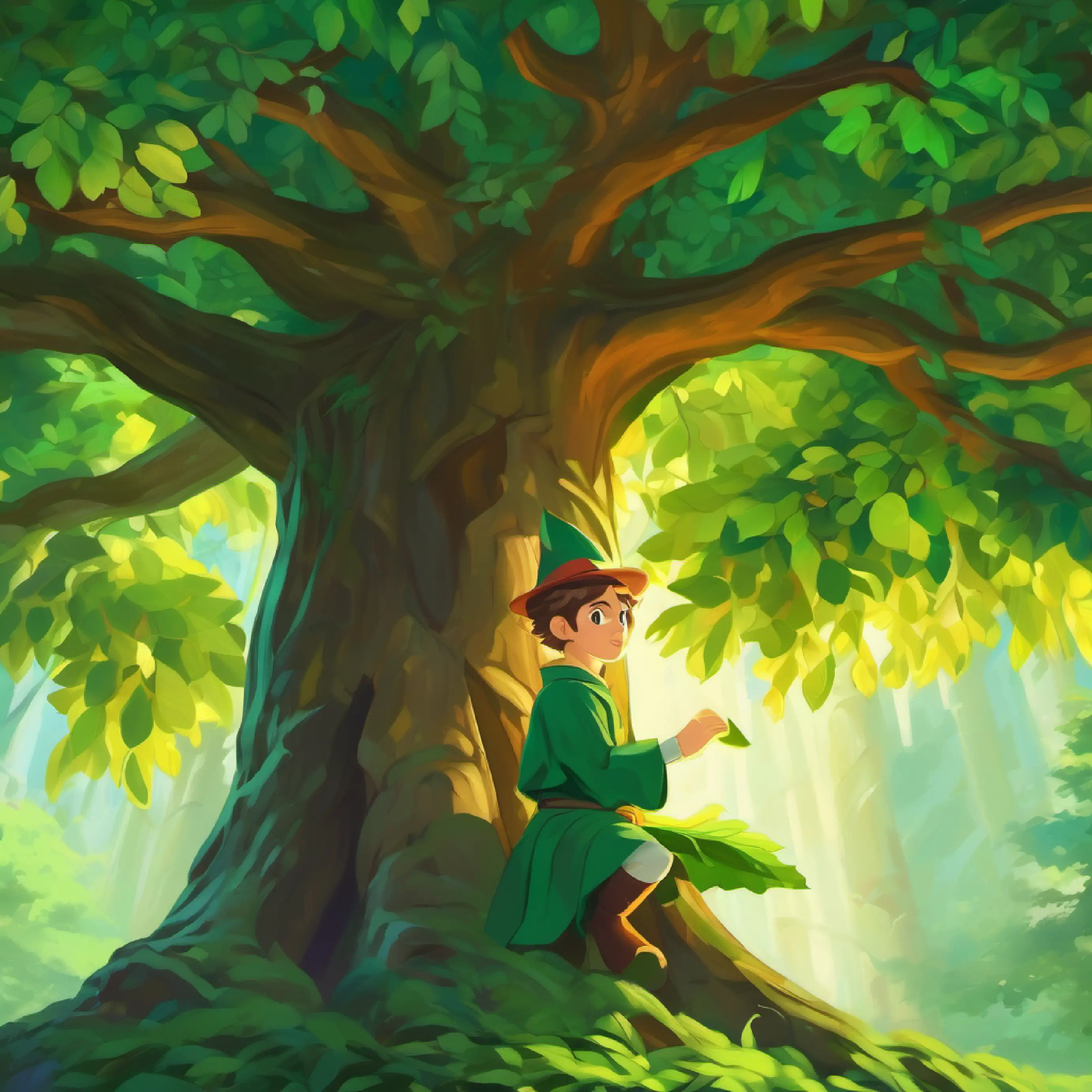 Small, with pale wings, kind eyes, energetic, youthful appearance and the trapped Mighty oak tree, broad and strong, deep green leaves, ancient, danger, urgency conveyed
